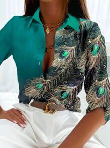 EMERY ROSE Feather Print Button Front Shirt Fall Cloth For Women