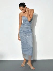 Maija Women's Light Gray Cut Out Mesh Two-Layer Dress, Modern Party/Holiday Essential, Sleeveless Dual Layer Design With Back Slit, Elegant Party Midi Dress