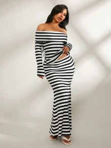 SHEIN SXY Falda larga y acampanada con cintura plegable en blanco y negro a rayas, cómoda y casual, adecuada para primavera, otoño e invierno