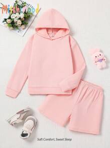 2pcs/Set Girls Casual Textured Pink Hooded Pullover & Mid-Thigh Shorts Pajamas Set, Comfortable Home Outfit - Pink - View 1