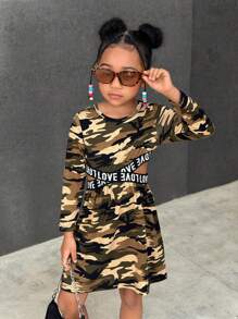 Girls Casual Versatile Sport Classic Camouflage Round Neck Long Sleeve Waist Cross Letter Ribbon Cropped Dress - Army Green - View 5