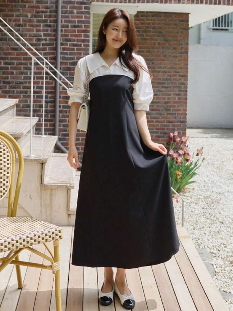 French Style Color Block Waist Cinching Mature Refined Long Dress For Women,Casual Women Dresses