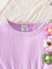 SHEIN BABYGIRL Autumn/Spring Purple Romper With Funny Multi-Color Floral Decoration, Single Side Ruffle Hem, Daily Wear Essential