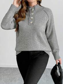 SHEIN LUNE Plus Plain Collar Button Casual Long Sleeve Sweater For Winter Knit Pullover Fall - Grey - View 3