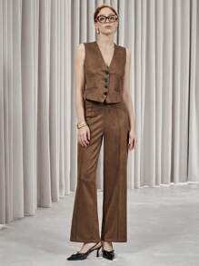 SHEIN Privé 2pcs Women Autumn Solid Color Faux Suede Vest Jacket And Pants Casual Suit - Brown - View 1