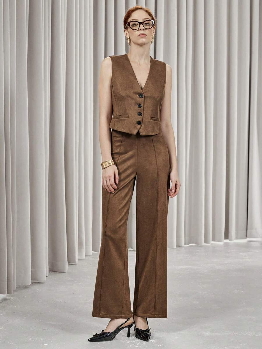 SHEIN Privé 2pcs Women Autumn Solid Color Faux Suede Vest Jacket And Pants Casual Suit - Brown - View 1