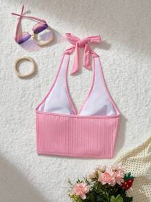 SHEIN MOD 领口系带前褶皱针织提花粉色泳衣上衣，适合夏季海滩度假 - 粉色 - 查看 2