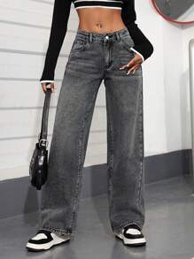 SHEIN PETITE Women's Distressed Washed Denim Jeans - Grey - View 4