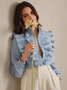 Anewsta 女士立领荷叶边灯笼袖衬衫，适合情人节、新年 - 藍色 - 查看 3