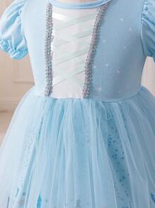 Glamorique Kids Baby Girl Princess Print Knitted Mesh Dress, Suitable For Stage Performance, Daily Wear - Blue - View 6