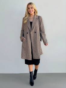SHEIN LUNE Women's Mid-Length Double Pocket Long Sleeve Casual Jacket With Houndstooth Pattern,Long Coat