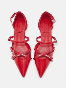 CUCCOO BIZCHIC Red PU Pointy Toe Studded Decor Women Flat Casual Shoes Spring Shoes Spring Break Easter - Red - View 2