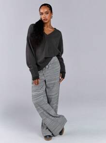 Athîral Women's Lace-Up Pocket Striped Casual Pants, Everyday Wear - Black - View 2