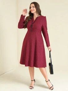 Joress Plus Size Leaf Texture Solid Color V-Neck Short Elegant Dress, Spring/Autumn Burgundy Maxi Women Outfit Fall Cloth For Women - Burgundy - View 6