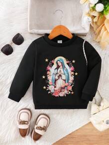 Bluza z nadrukiem Virgin Mary dla dziewczynek, wygodna, z okrągłym dekoltem i długim rękawem, odpowiednia na jesień/zimę