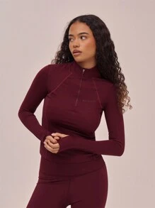 Musera Sport High Neck Seam Detail Zip Through Top, Padel, Tennis, Pickleball Gym Fitness - Maroon - View 1