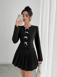 SHEIN Privé Women's Quality Diamond Bow Accent Waist Blazer - Black - View 8