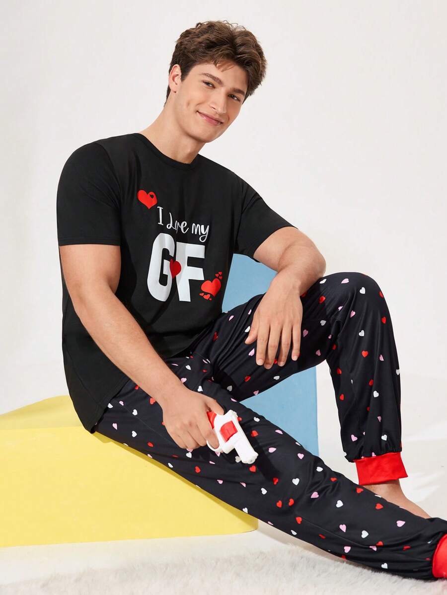 SHEIN Men's Casual Letter Print Round Neck Short Sleeve Loungewear Top - Black - View 1