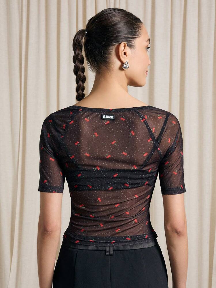 Mesh Cherry Print Valentines Top With Square Neck