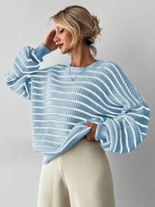 RueChic 女士圆领长袖条纹简约毛衣，休闲日常穿着 - 淺藍色 - 查看 1