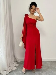 Selianne Váy xòe tay loe xẻ họa tiết hoa một bên vai màu đỏ - Đỏ - Xem 6