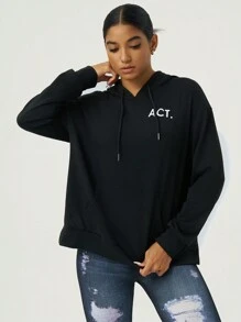 Easithlete Women Letter Print Casual Hoodie Long Sleeve Sweatshirt