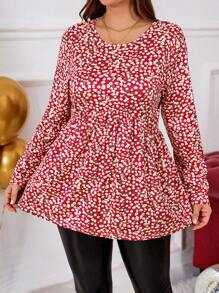EMERY ROSE Tee-shirt manches longues à volants à imprimé floral fantaisie pour grande taille, vêtements pour le Nouvel An, vêtements pour soirée, vêtements pour la Saint-Valentin