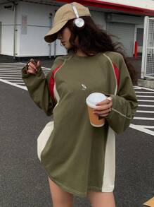 DAZY Loose Street Style Color Block Patchwork Topstitching Decor Round Neck Long Sleeve T-Shirt - Green - View 2