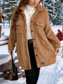 SHEIN LUNE Plus Size Plain Front Button Long Sleeve Pocket Simple Casual Jacket Plus Size Fall Thanksgiving Women New Years Women Winter Women Rave - Khaki - View 4