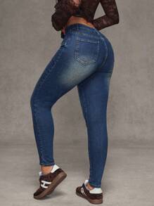 SHEIN BAE Jeans ajustados casuales y versátiles de mujer con diseño de hebilla a la cintura y efecto desgastado - Azul - Ver 3