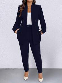 SHEIN Clasi Plus Size 2pcs Set - Simple Style Double-Breasted Blazer Jacket And Pants Suit, Suitable For Commuting, Autumn Graduation,Back To School,Teacher Outfits For Women Fall Cloth For Women Winter