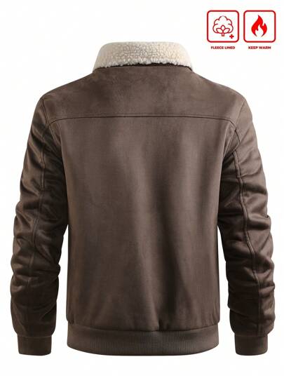 OTTIMOZO Men's Long Sleeve Sherpa Fleece Jacket, Faux Suede Fur Collar, For Fall Winter