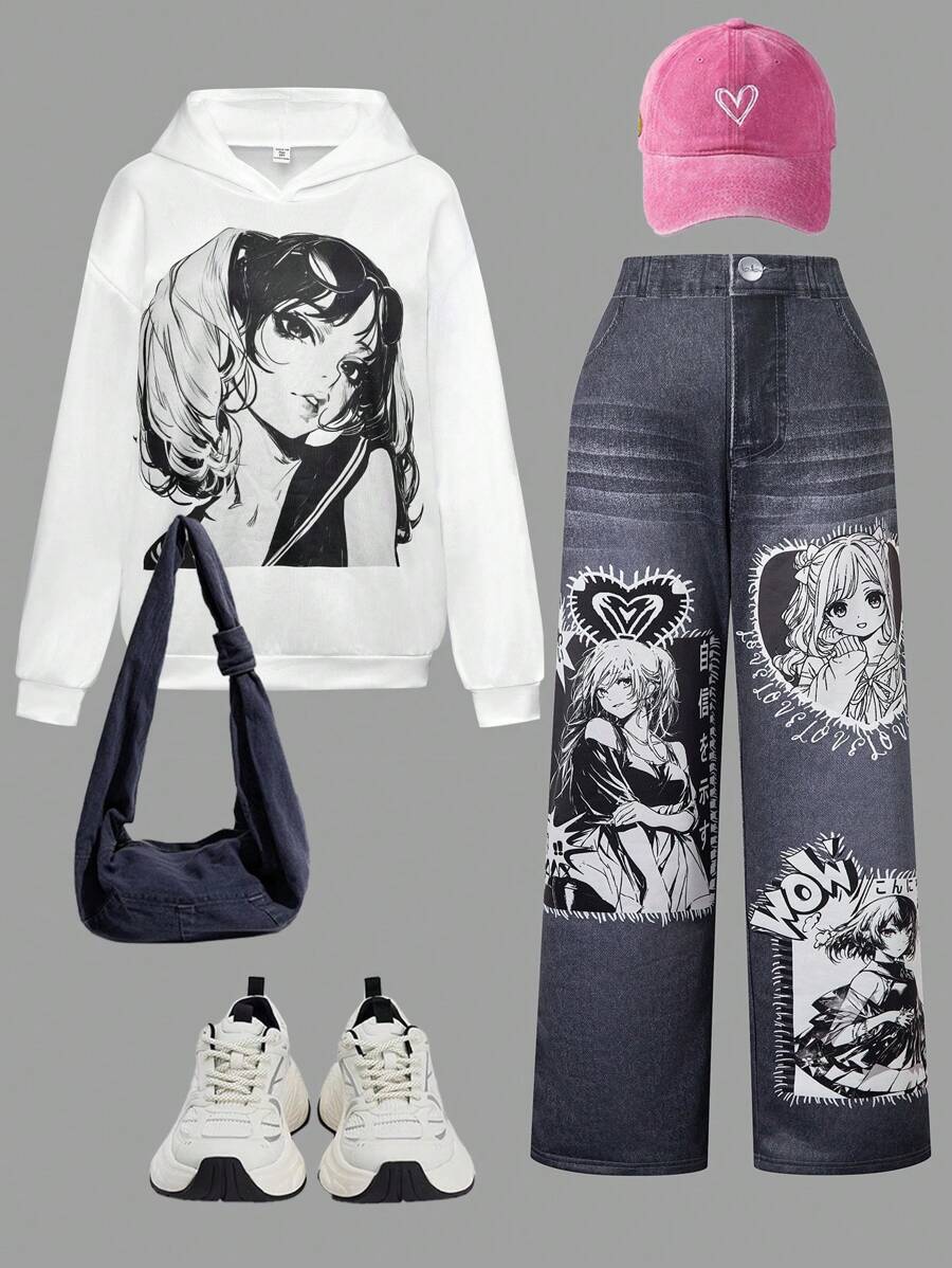 SHEIN ChillGRL 2 Pieces Set Anime Character Printed Hoodie Sweatshirt And Sweatpants For Teen Girls, New Autumn/Winter 2024 - Multicolor - View 1