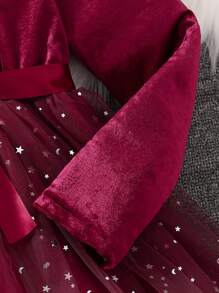 SHEIN Tween Girl Elegant Casual Versatile Bow Belt Velvet Mesh Dress, Suitable For Christmas Party Events And Daily Outings, Applicable For Spring, Autumn, Winter