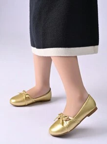 1 Paio Di Scarpe Da Principessa Piatte Da Ragazza In Pu Dorate Con Fiocco, Adatte Per Primavera/Estate