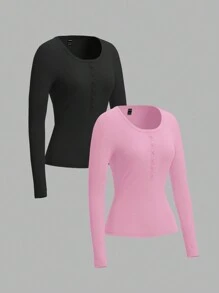 SHEIN EZwear Blusa básica de mujer de manga larga ajustada con botones delanteros, para uso casual diario en primavera