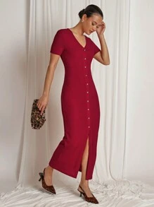 COSMINA Women's Solid Color Button Front Short Sleeve Casual Long Dress - Red - View 5