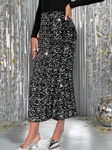 SHEIN Clasi Shiny Sequin Maxi Length Mermaid Hem Long Skirt For Autumn & Winter - Silver - View 3