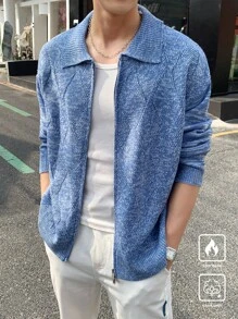 Claim Dot 男式纯色翻领拉链休闲开衫 - 藍色 - 查看 3