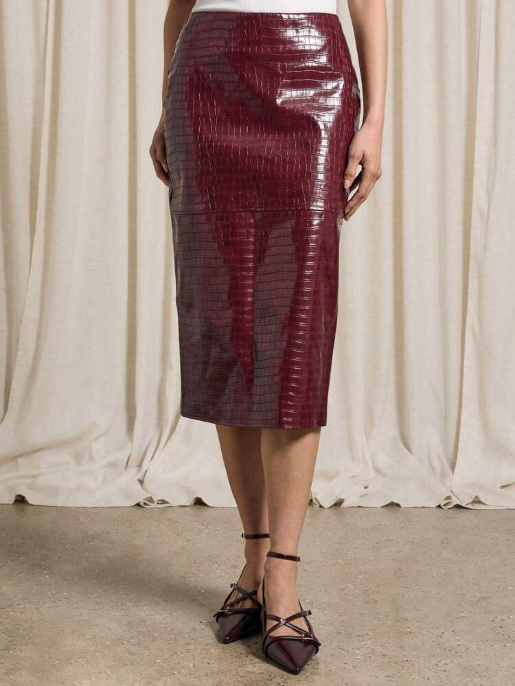 Faux Leather Crocodile Texture Midi Pencil Skirt With Back Slit