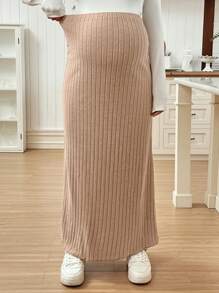 SHEIN 孕妇可调节腰围纯色裙子 - 杏色 - 查看 3