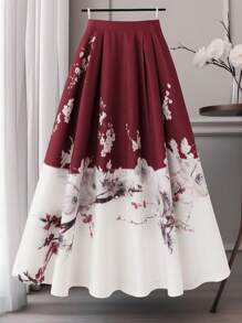 SHEIN Clasi Plus Size Women's National Style Contrast Color Ditsy Floral Mid-Length A-Line Skirt