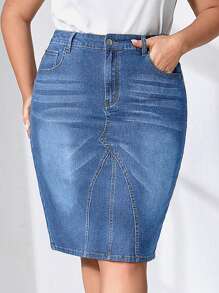 SHEIN Essnce Plus Size Casual Washed Denim Bodycon Skirt - Medium Wash - View 1
