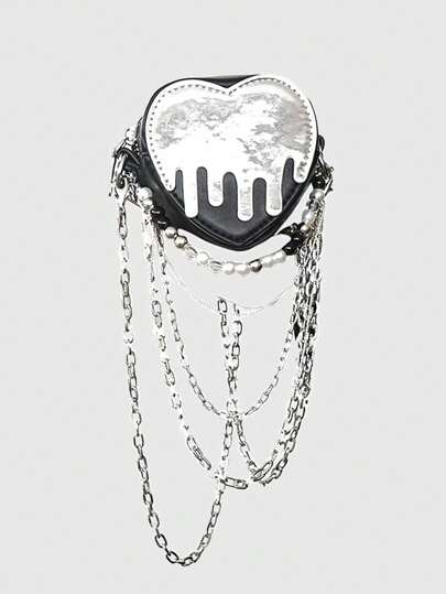 Goth 1 Stück schwarze Perlenketten-Umhängetasche in glänzender Herzform