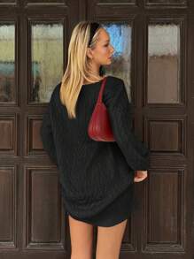 SHEIN EZwear Women's Long V-Neck Cable Knit Black Sweater Dress