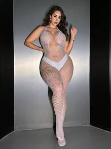 Plus Size Sexy Mesh Bodysuit, 1pc