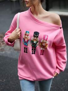 INAWLY 1 pieza Sudadera informal de mujer con estampado de figura en hombro oblicuo, adecuada para uso diario en otoño