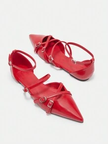 CUCCOO BIZCHIC Red PU Pointy Toe Studded Decor Women Flat Casual Shoes Spring Shoes Spring Break Easter - Red - View 7