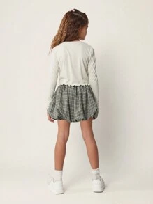 SUMWON Tween Mädchen bequemes langärmliges Ripp-Shirt mit kariertem Minirock mit Puffärmeln 2-teiliges Set