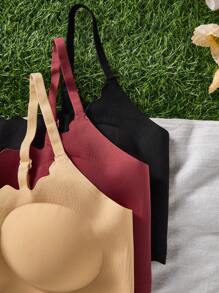 SHEIN 3pcs Teen Girl Minimalist Padded Lace Trim Adjustable Strap Soft & Seamless Supportive Back Wireless Bra Set - Multicolor - View 4